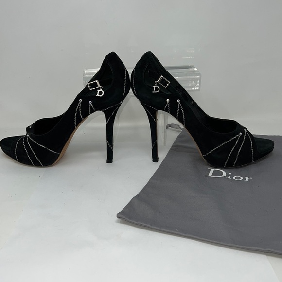Dior Sz 39.5 Suede Embroidered Folles Peep Toe Pumps Heels - Picture 6 of 14